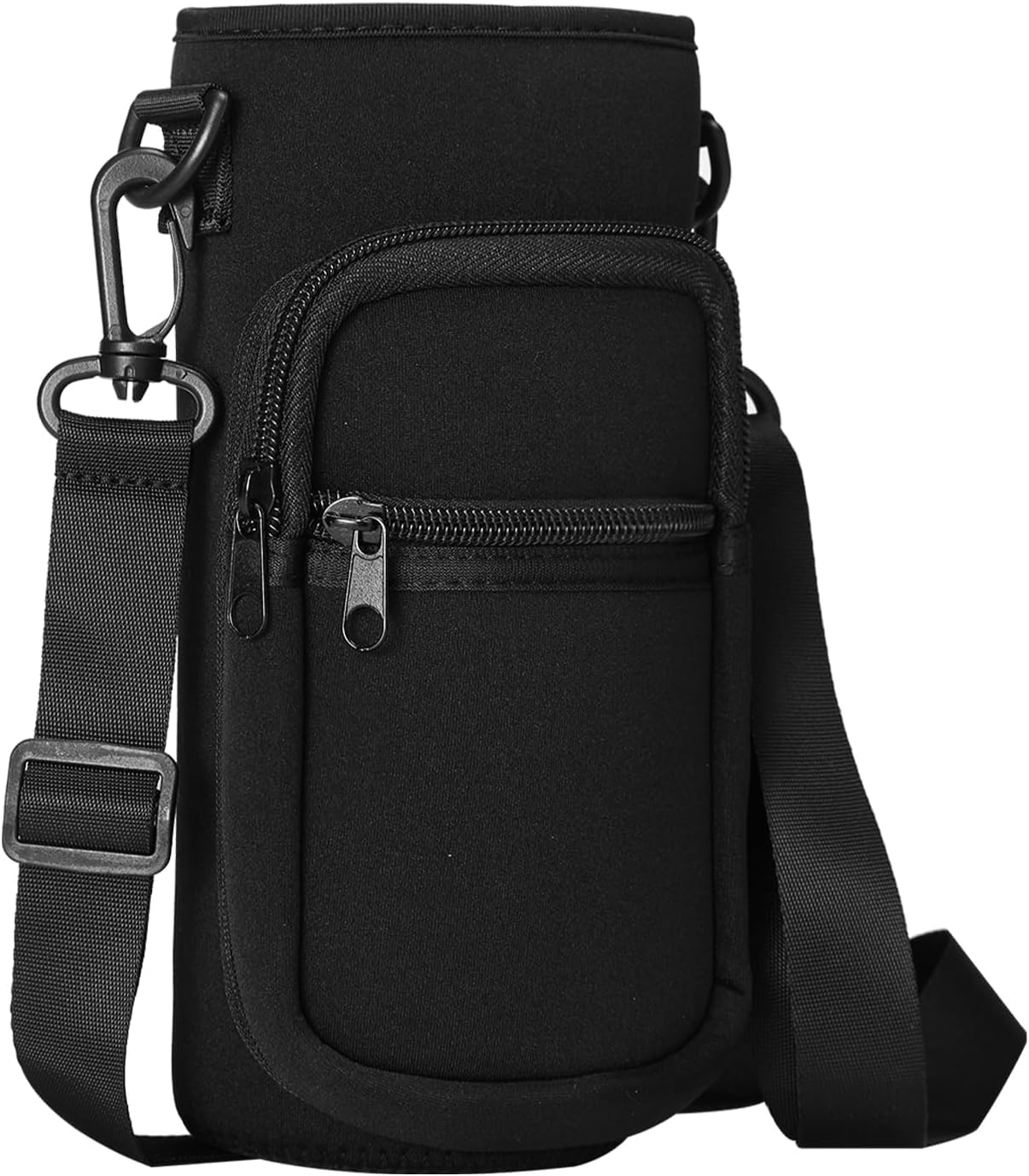 Black Water Bottle Carrier with Shoulder Strap for 32oz Water Jugs, Water Bottles Holder Bag with Phone Pouch Pockets for Camping& Travelling-The Perfect Flask Accessory
